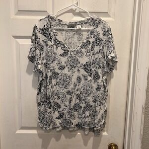 Rachel Zoe Womens 2X‎ White Black Floral Paisley Linen V-Neck Short Sleeve Shirt